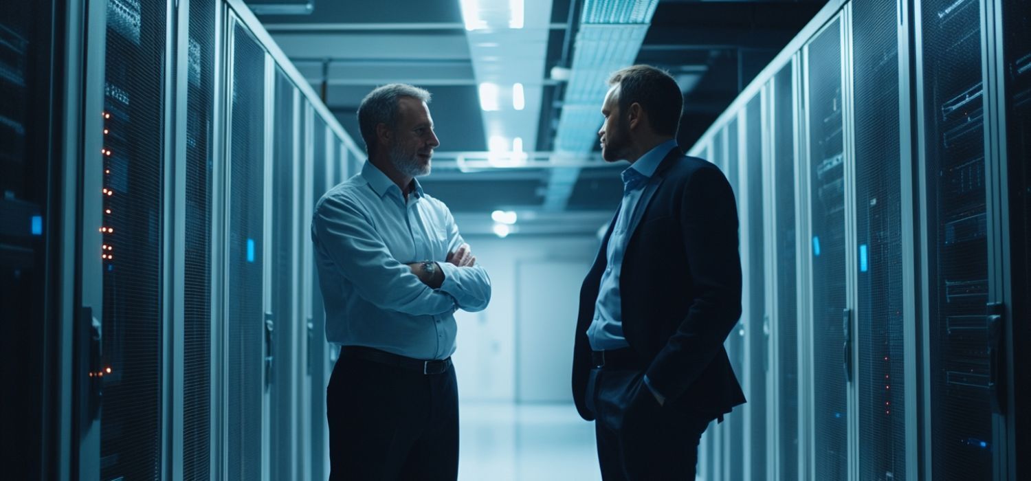 An IT expert explaining the costs of bank ransomware attacks to a bank manager.