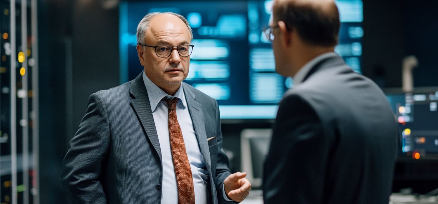 A bank manager discussing a possible bank ransomware attack with an IT expert.