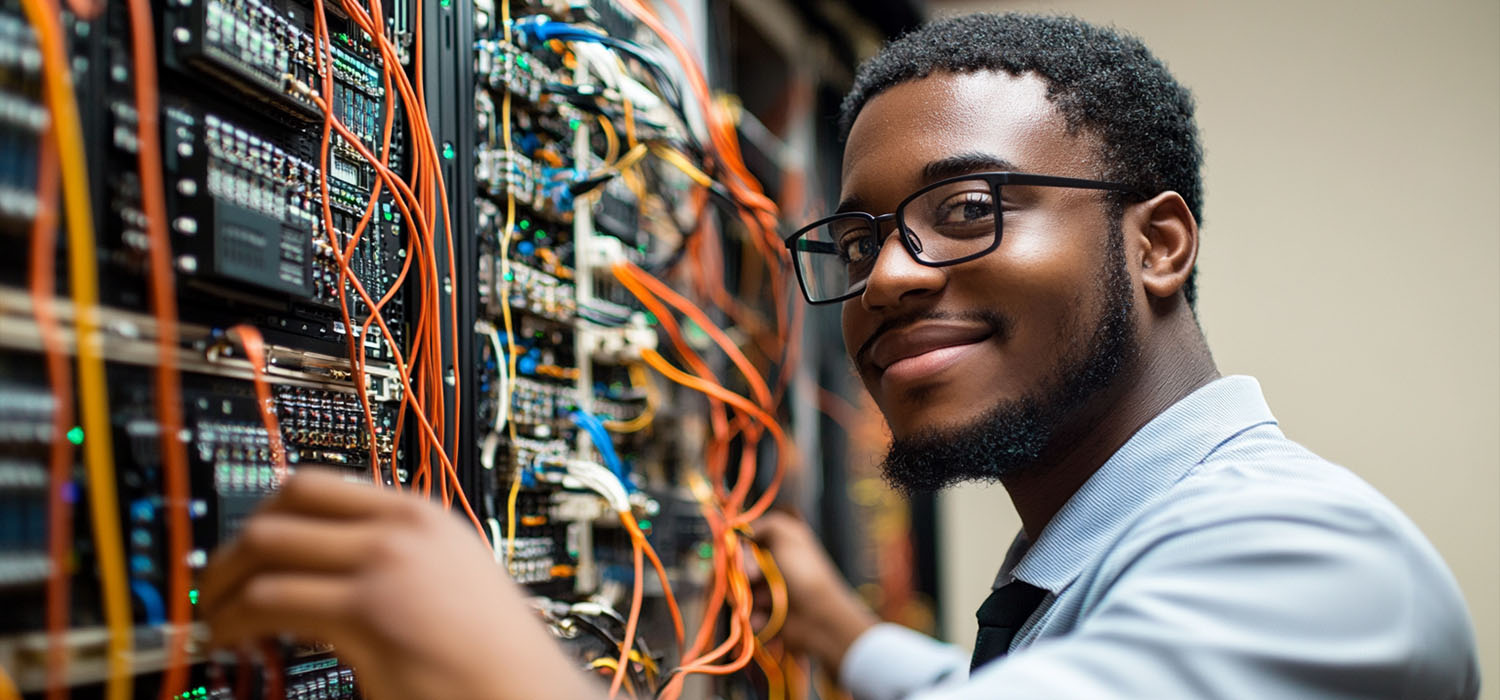 Managed IT support specialist working on financial institution’s cybersecurity system.
