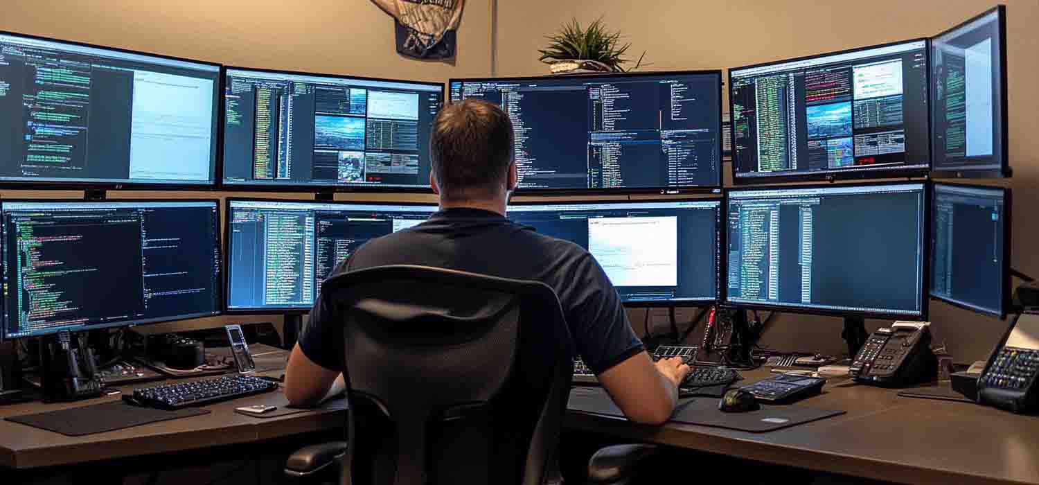IT professional conducting a network assessment on multiple computer screens