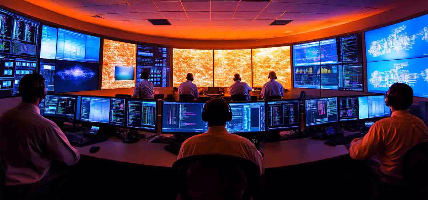 Network security team evaluating vulnerabilities and threats in a network operations center