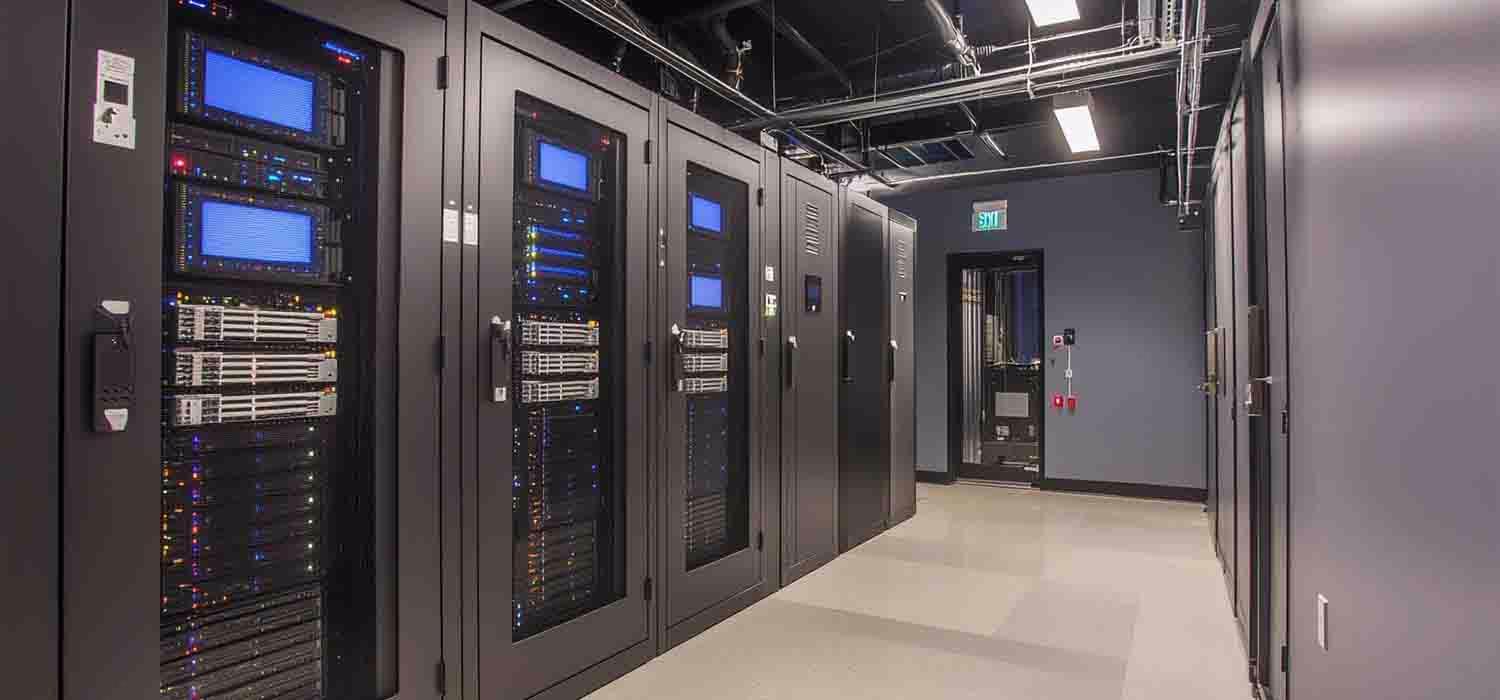 High-security data center with servers and networking equipment, providing robust IT support for finance firms.