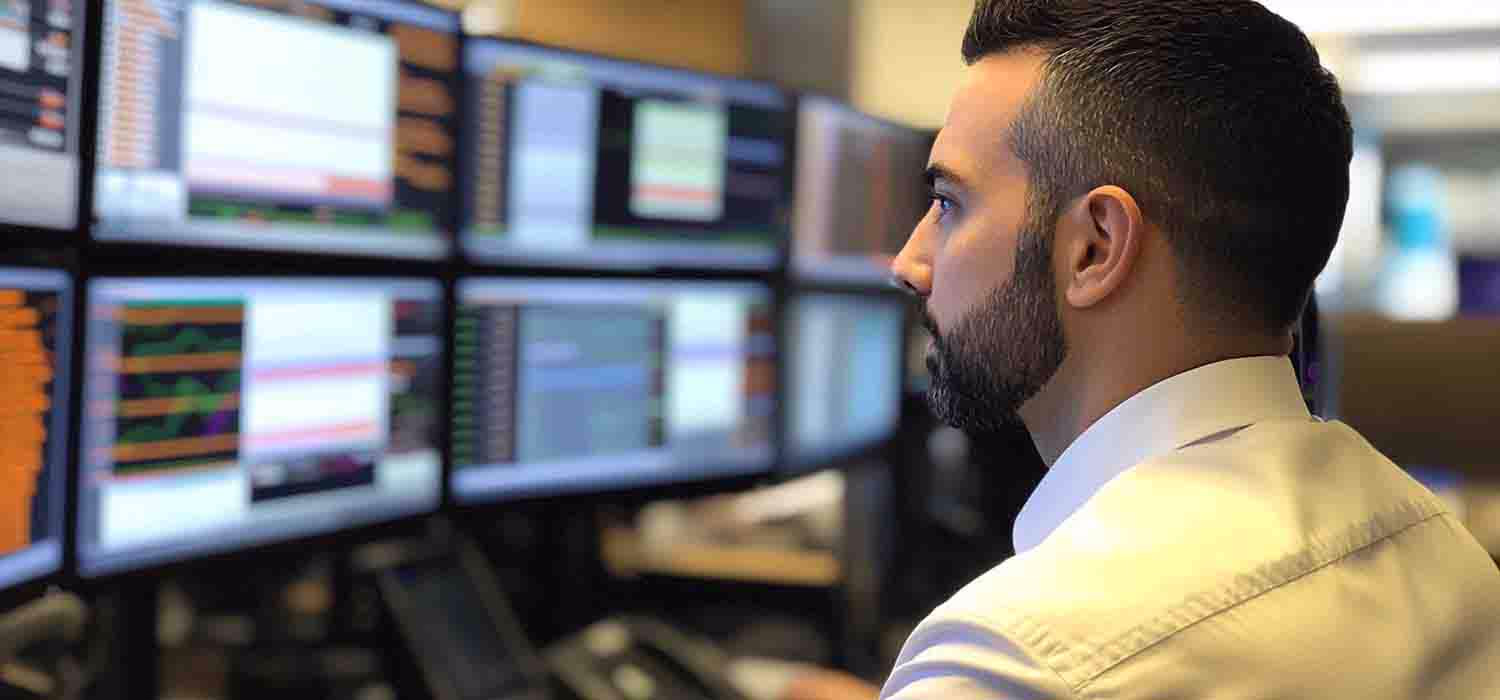IT technician at a finance firm monitoring network status on multiple screens to ensure seamless operations.