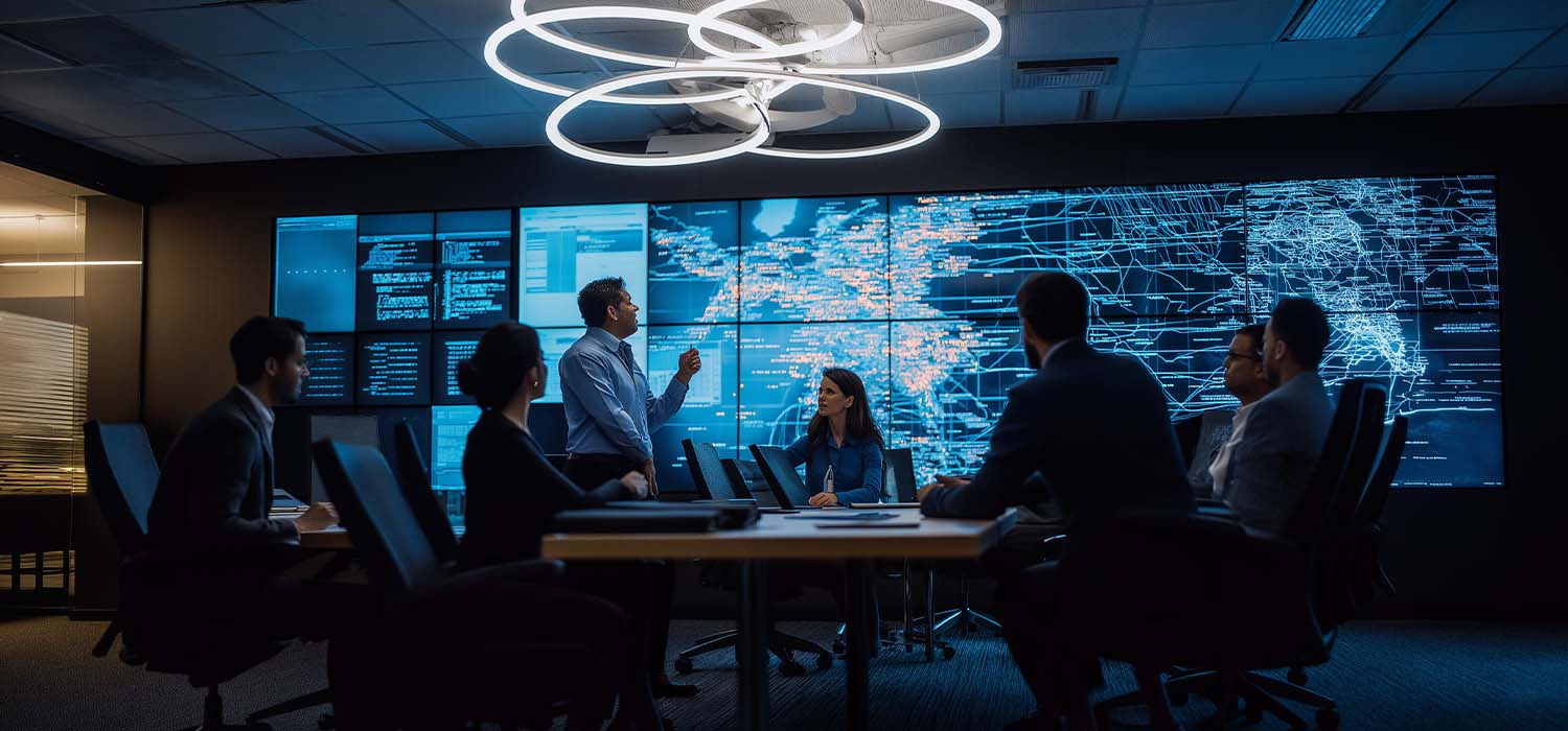 IT infrastructure management team discussing strategies in a conference room