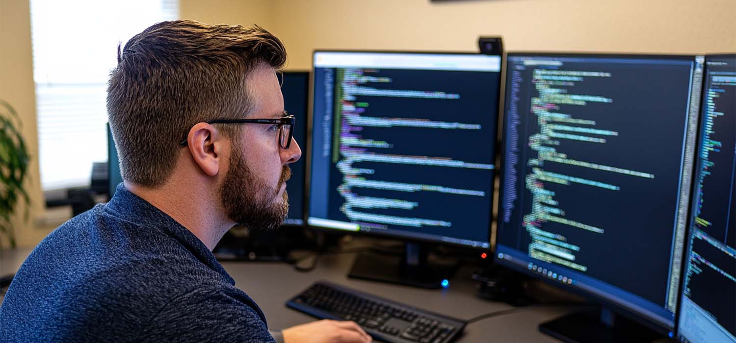 Network engineer monitoring cybersecurity measures on multiple computer screens