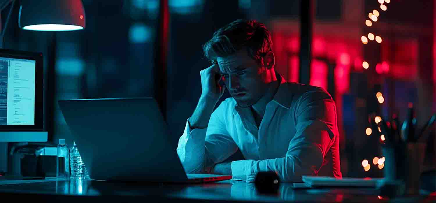 Business owner looking frustrated at a frozen laptop screen during unexpected IT downtime