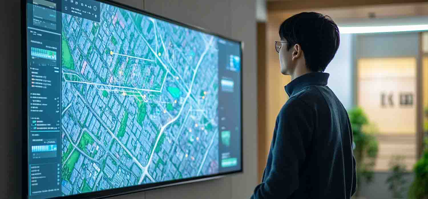 Business owner reviewing IT infrastructure map on a digital dashboard in an office environment