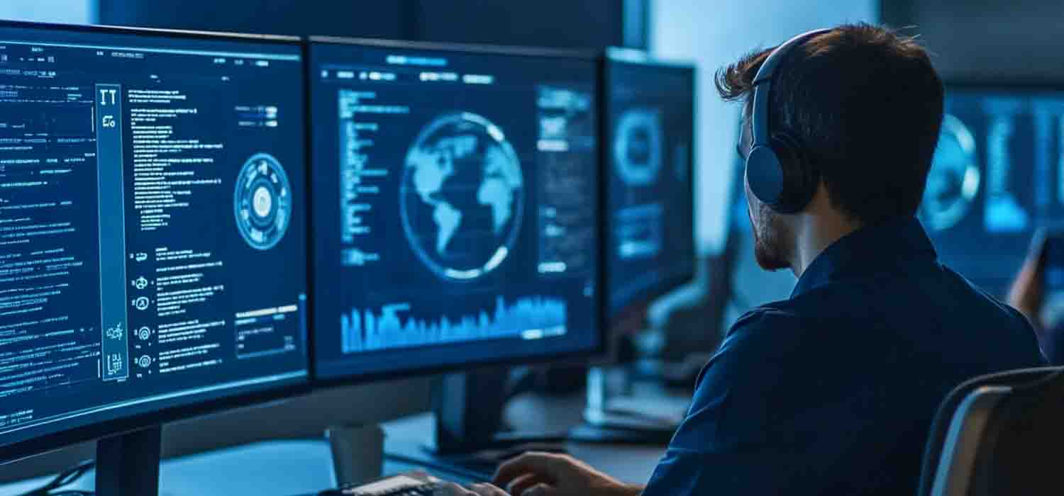 IT compliance intelligence for threat detection in action with a cybersecurity dashboard on screen