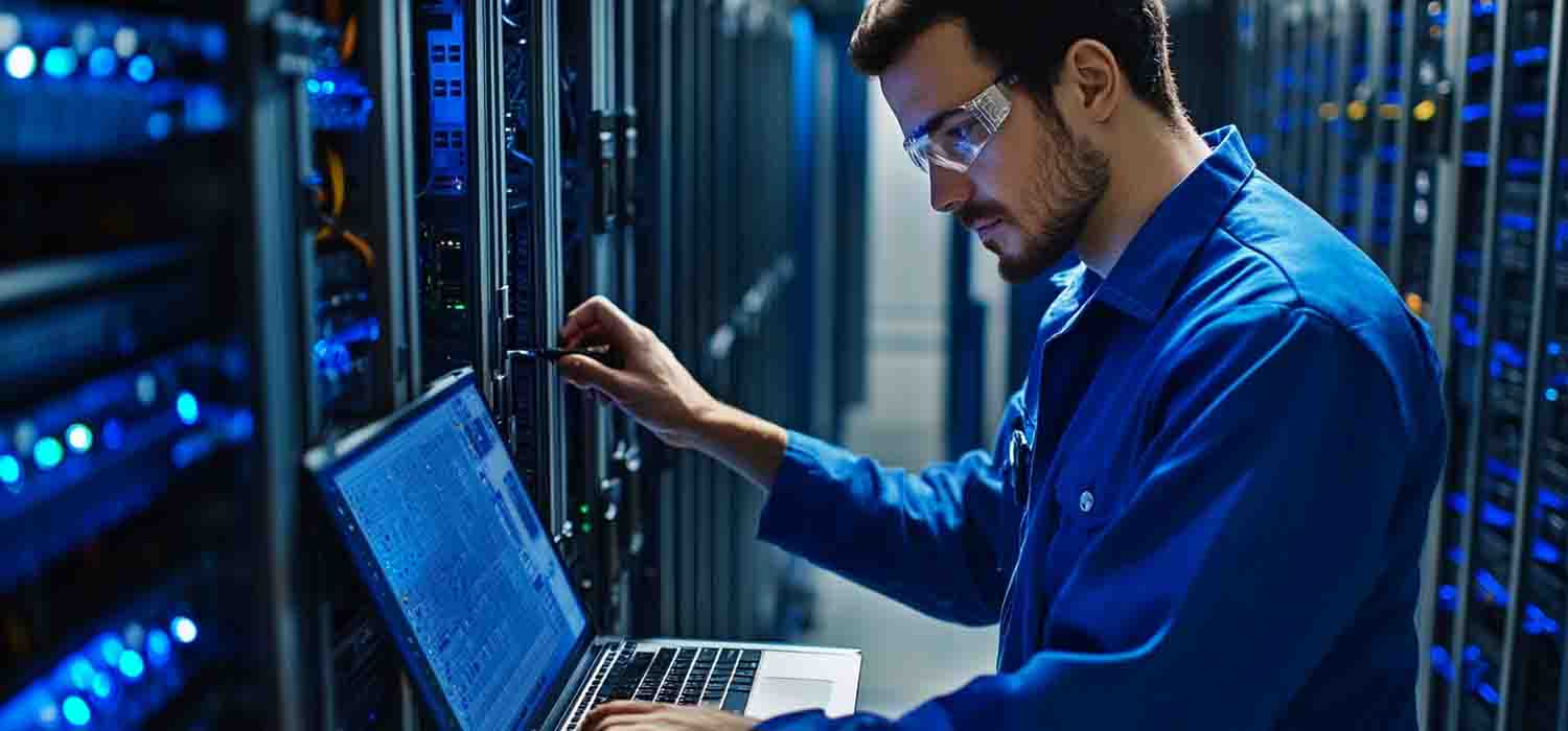 Technician reviewing automatic backup software on a laptop