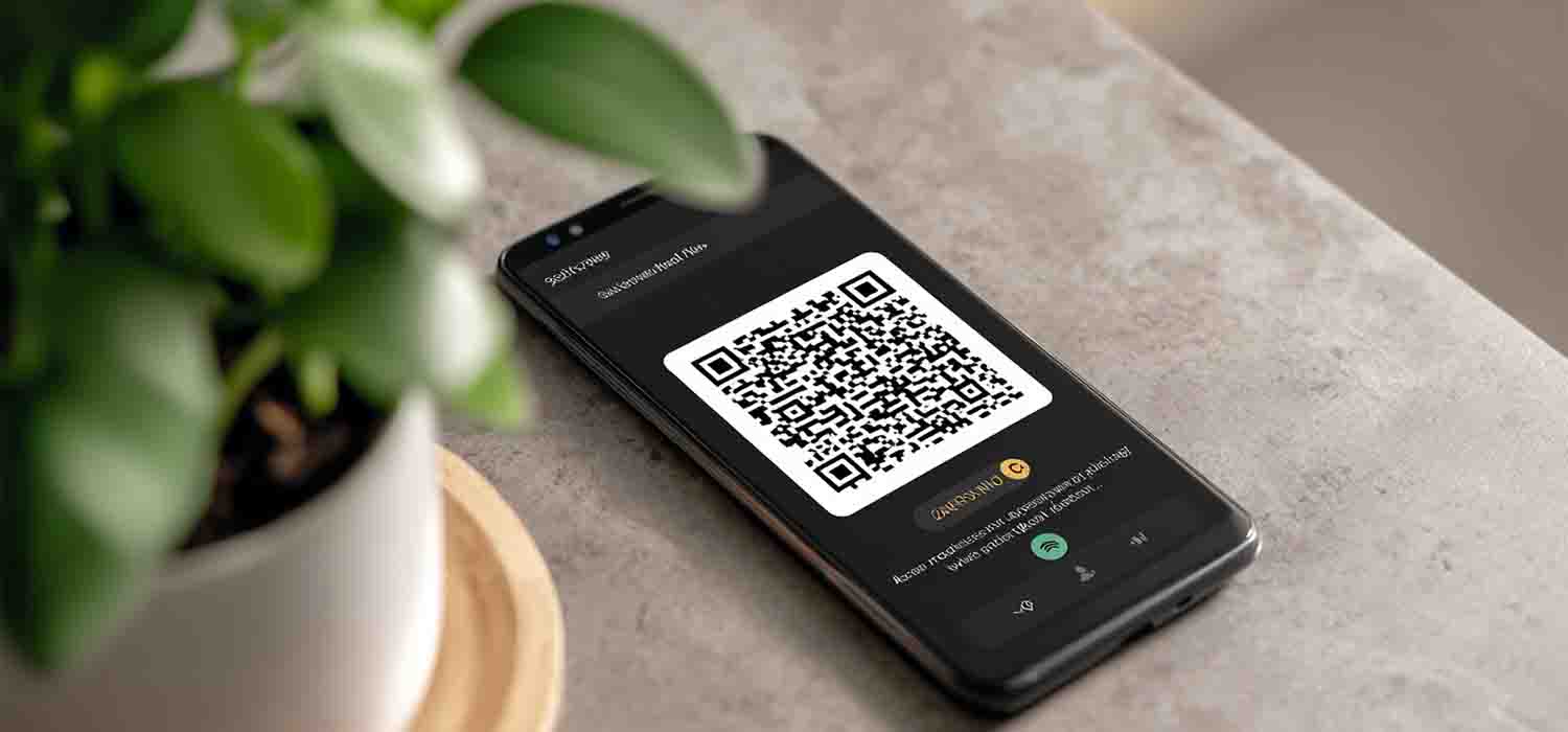 Android phone displaying QR code and Wi-Fi network password