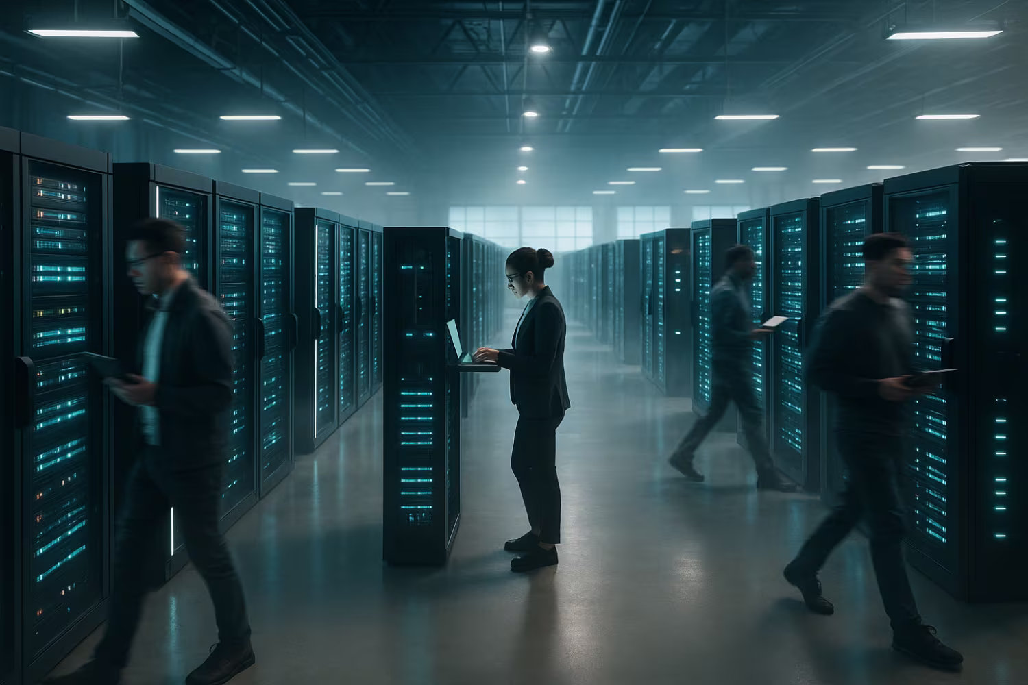 Bustling futuristic data center daylight