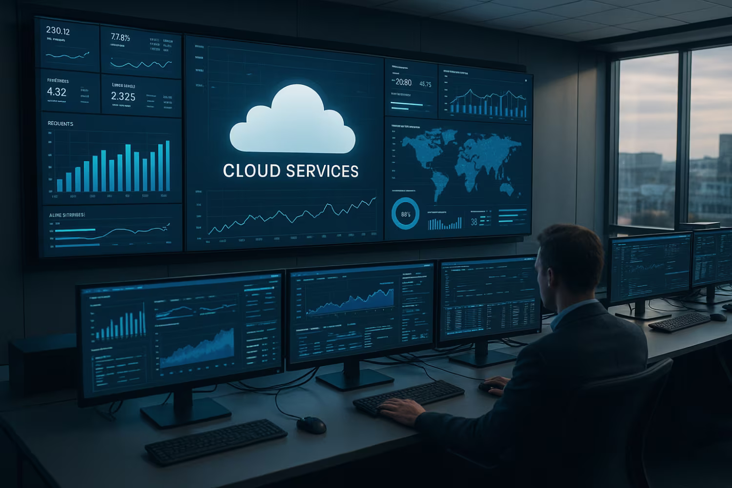 Futuristic IT control room displaying cloud service analytics