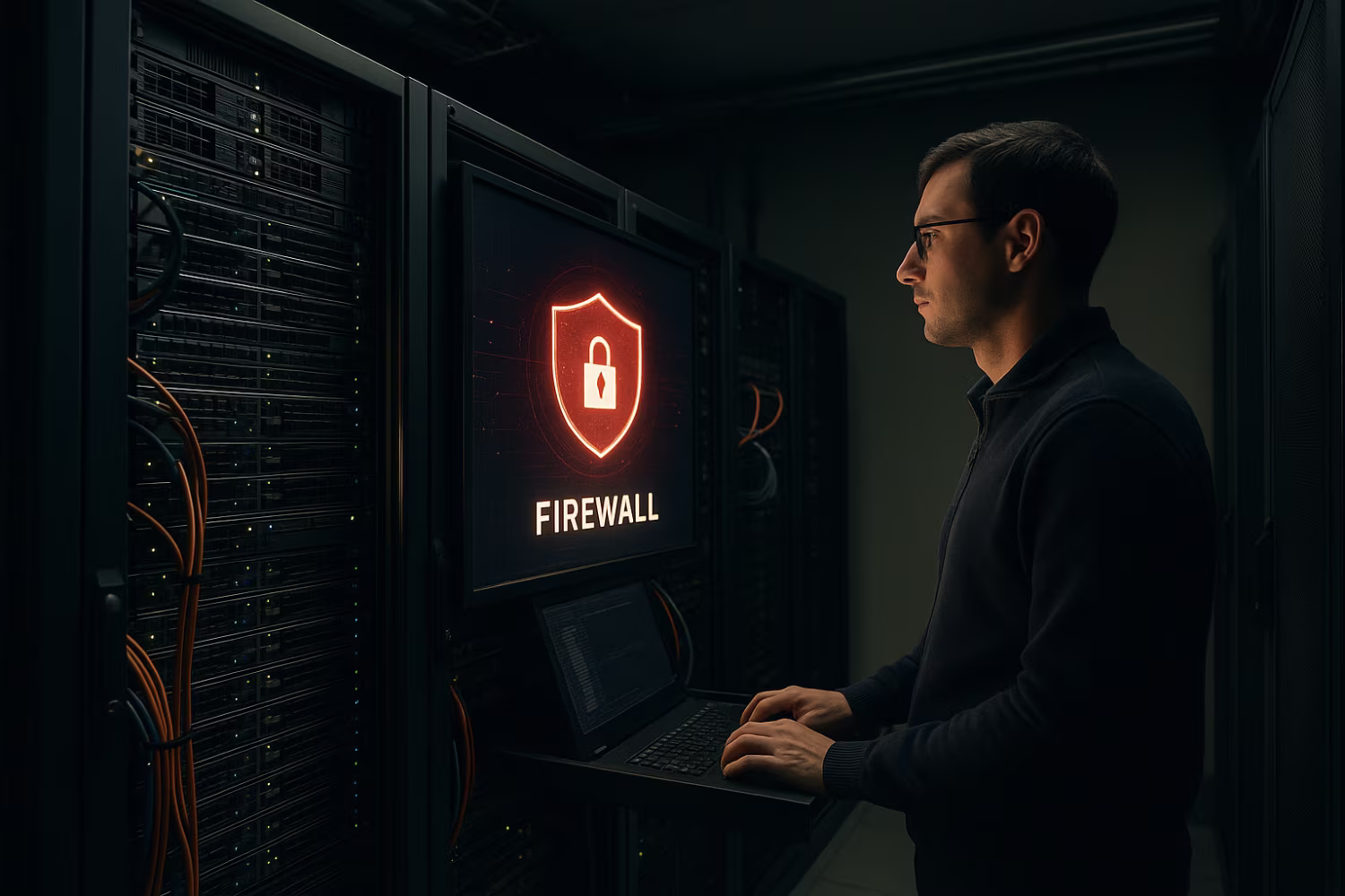 Technician monitoring managed firewall services