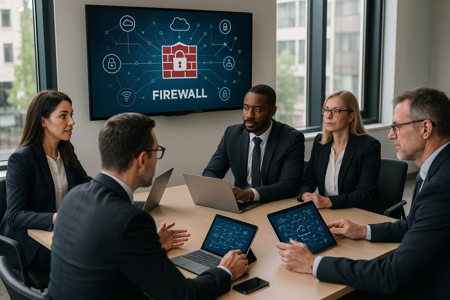 Professionals discussing managed firewall services